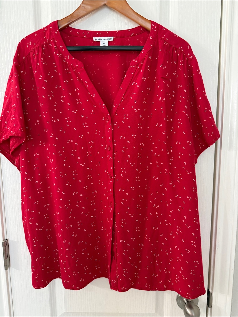 Red Short-Sleeve Button-Front V-Neck Blouse
